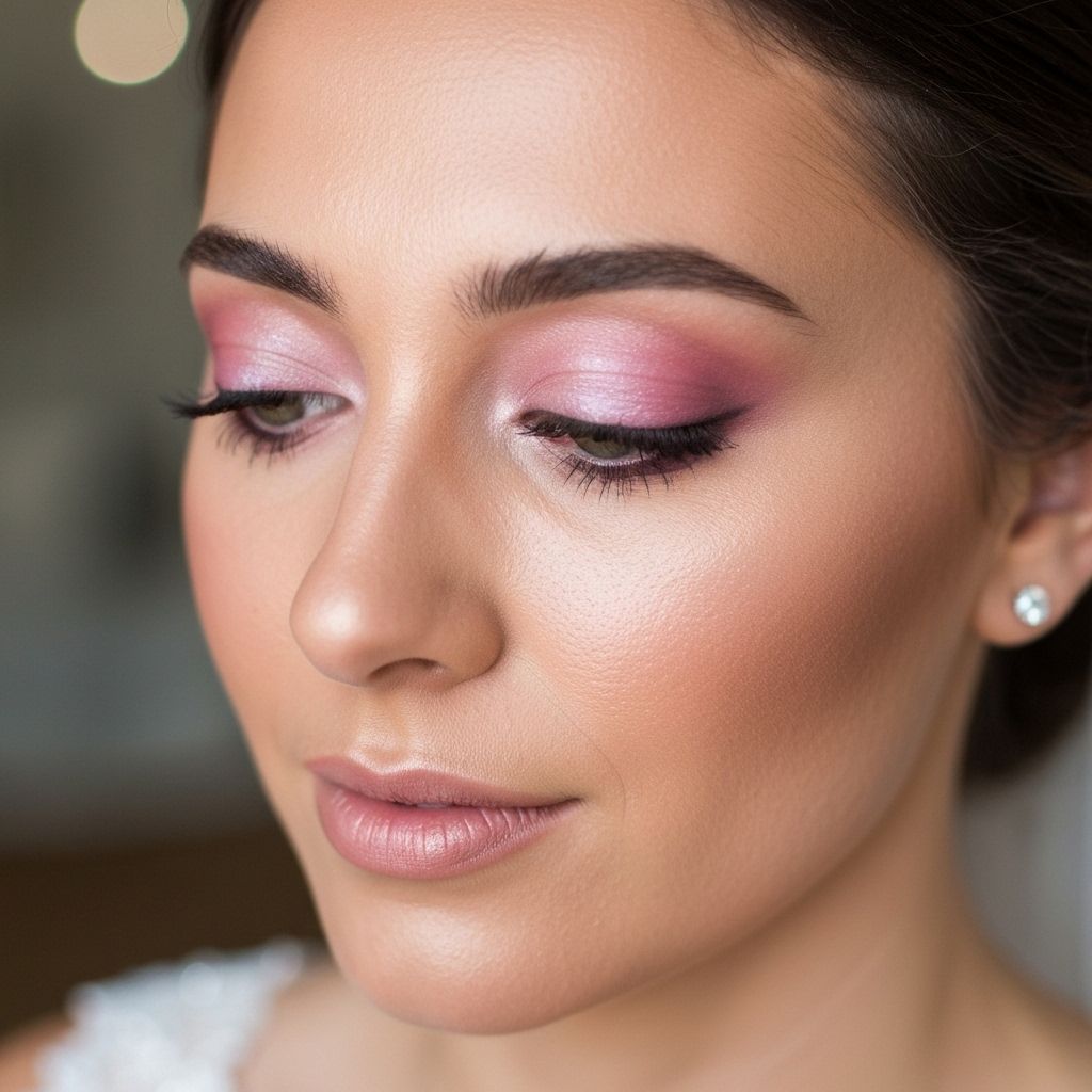 Bridal glam makeup with soft pink tones